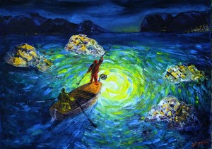 Fishing by night, oil on  linen canvas , 70 x 50   cm, price 5000 Euro, Year 2012